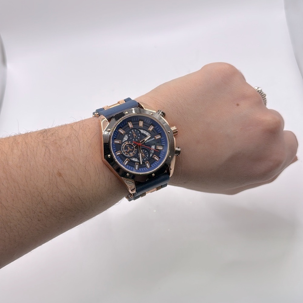 Liboger Blue Gold Watch Rubber Strap Stainless Steel Back Water Resistant Analog